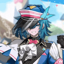 a girl with blue hair is wearing a blue hat