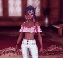 a girl in a pink top and white jeans is standing in a room
