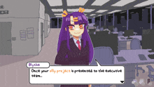 a video game character named blythe is talking about her silly project being presented to the executive team