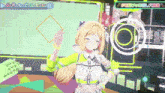 a girl in a yellow and white outfit is standing in a room with a magnifying glass .