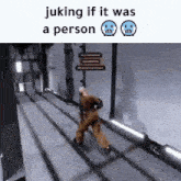 a man is walking down a hallway in a video game with the caption juking if it was a person .