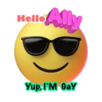 a yellow smiley face wearing sunglasses and the words hello ally yup i 'm gay