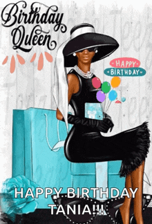 a birthday card with a woman in a black dress