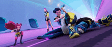 a group of cartoon characters are standing around a cartoon character laying on the ground