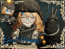 a picture of a girl with glasses and the words good morning