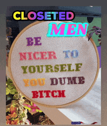 a cross stitch with the words be nicer to yourself you dumb bitch on it