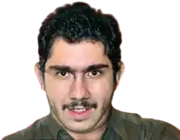 a man with curly hair and a mustache is smiling