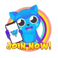 a blue cat is holding a cell phone with the words join now written below it