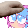 a cartoon girl with pink hair and glasses is being petting by a dog .