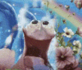 a close up of a frog surrounded by flowers and a rainbow