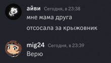 a screenshot of a conversation between mig24 and a person named aiivi