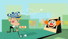 a cartoon of a man playing golf with a clown behind him