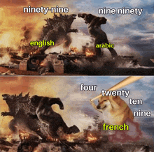 a picture of a battle between two monsters with the words ninety-nine written on the bottom