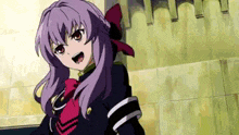 a girl with purple hair and a red bow is standing in front of a castle .
