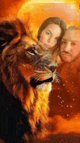 a man and a woman standing next to a lion