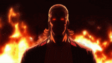 a man with glowing red eyes stands in front of a fire
