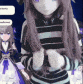 a doll with purple eyes is wearing a striped sweater