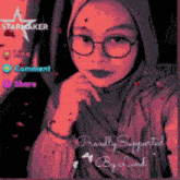 a woman wearing glasses and a hijab with the words proudly supported by lind at the bottom