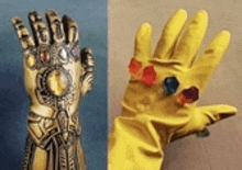 a statue of a glove and a yellow glove with stones on it