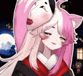 a girl with pink hair is wearing a mask