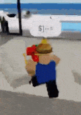 a cartoon character in a blue shirt is holding a red boxing glove in a room with a sign that says $ .