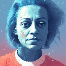 a painting of a woman with blue hair and a red sweater