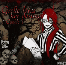 a girl with red hair is holding a book and a pigeon is on a skull