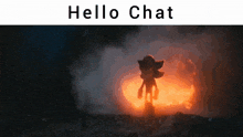 a shadow the hedgehog standing in front of a fire with the words hello chat below it