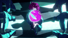 a person with purple hair is holding a purple ball in their hand