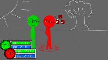 a video game screen shows a green stick figure and a red stick figure standing next to each other