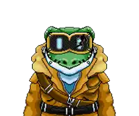 a pixel art drawing of a frog wearing a jacket and goggles