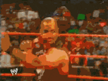 a blurry picture of a wrestling match with a wwe logo in the corner