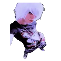 a person with white hair is wearing a black shirt that says ' invasion ' on it