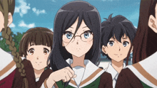 a girl wearing glasses stands in a group of anime girls
