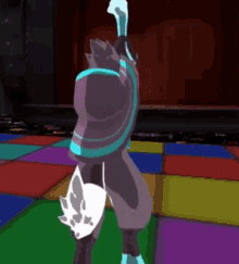 a cartoon character is standing on a colorful dance floor .