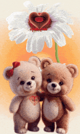 a couple of teddy bears standing next to each other with the word love on their chest