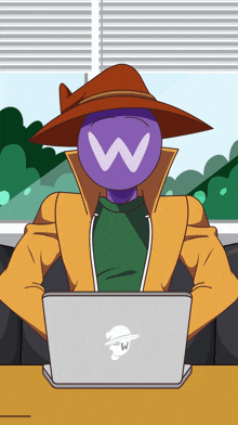 a cartoon character with a hat and a purple head with a letter w on it