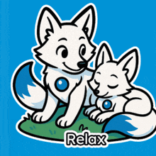 a cartoon drawing of two white foxes with the words relax below them