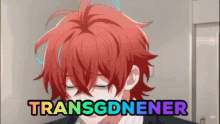 a man with red hair is wearing a suit and has the words transgdnener written above him .