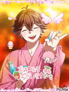 a boy in a pink kimono is holding a bottle of soda