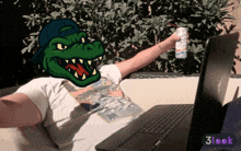a man with a crocodile head holds a can of bud light in front of a laptop