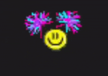 a pixel art of a smiley face and fireworks on a black background