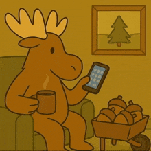 a moose sits in a chair holding a cell phone that says gm ryno