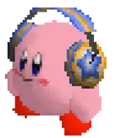 a pixel art of kirby wearing headphones on his head