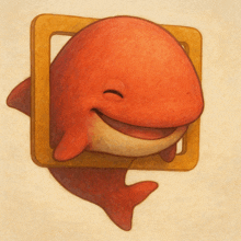 a painting of a red whale with its mouth open