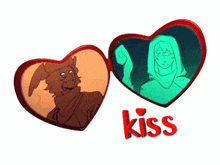 a picture of two hearts with the word kiss in red