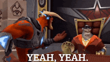 two cartoon characters are sitting at a table and one of them says yeah yeah .