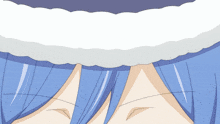 a close up of a person 's face with blue hair and a white hat on