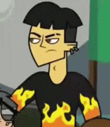 a cartoon character wearing a black shirt with flames on the sleeves is looking at the camera .