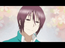 a man with purple hair is smiling with flowers in the background .